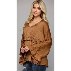 New Gigio Small Bronze Washed Satin Bell Sleeve Peplum Blouse Back Tie Party